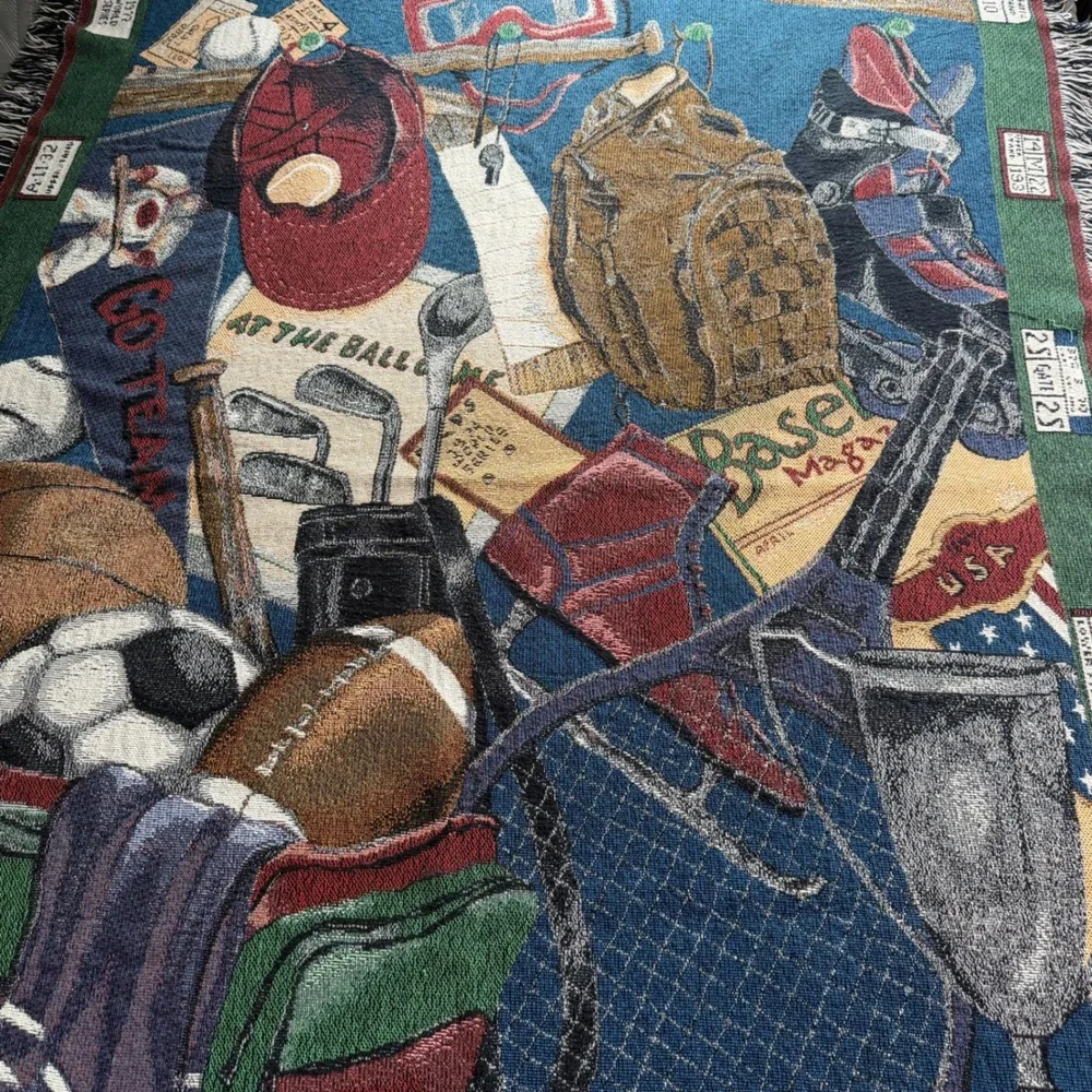 Vintage SA Maxwell Co Sports Woven Tapestry Throw Blanket Fringed Border 52x66